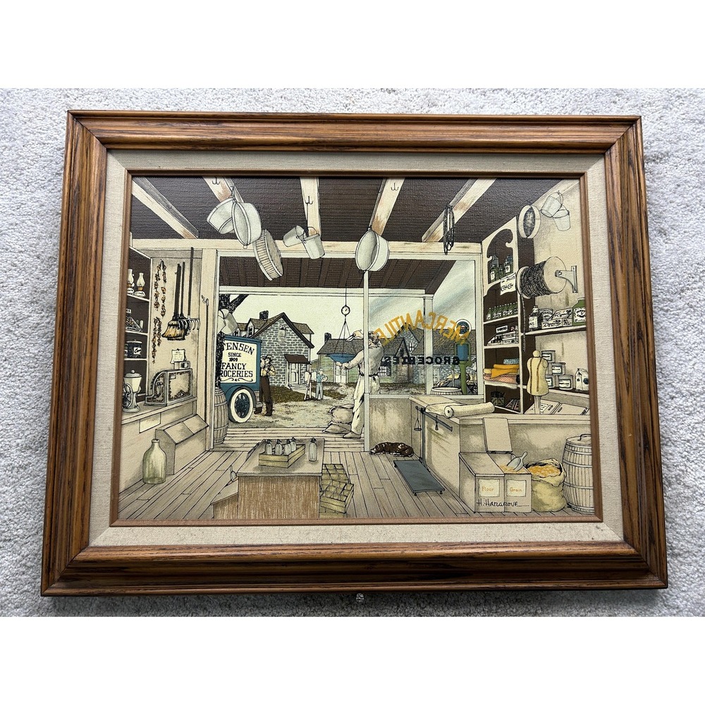 Vintage 1985 H Hargrove General Store Oil Painting Framed Americana Canvas